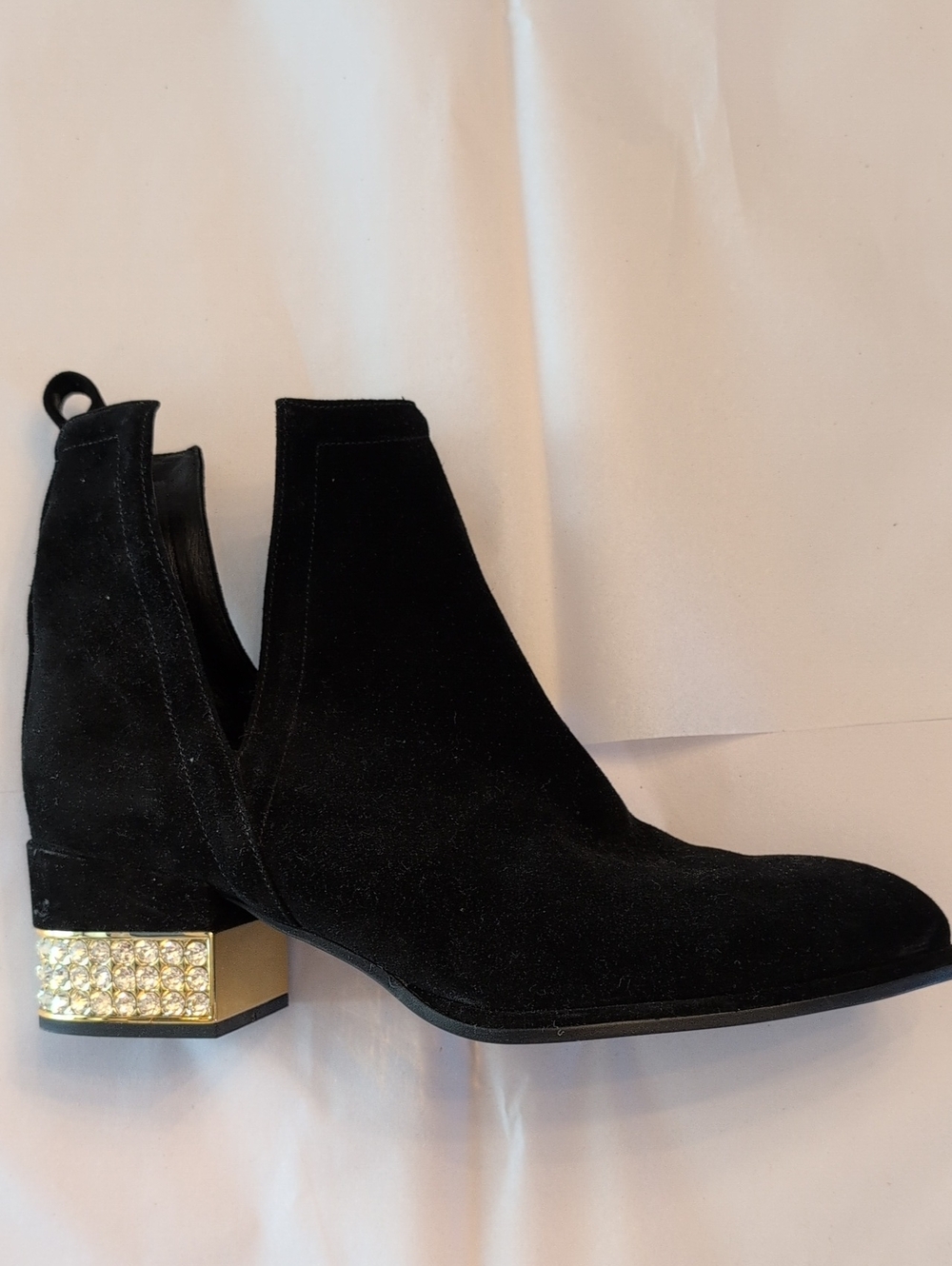 Jeffrey Campbell Musk Black Suede Ankle Bootie with Gold Crystal Block Heel